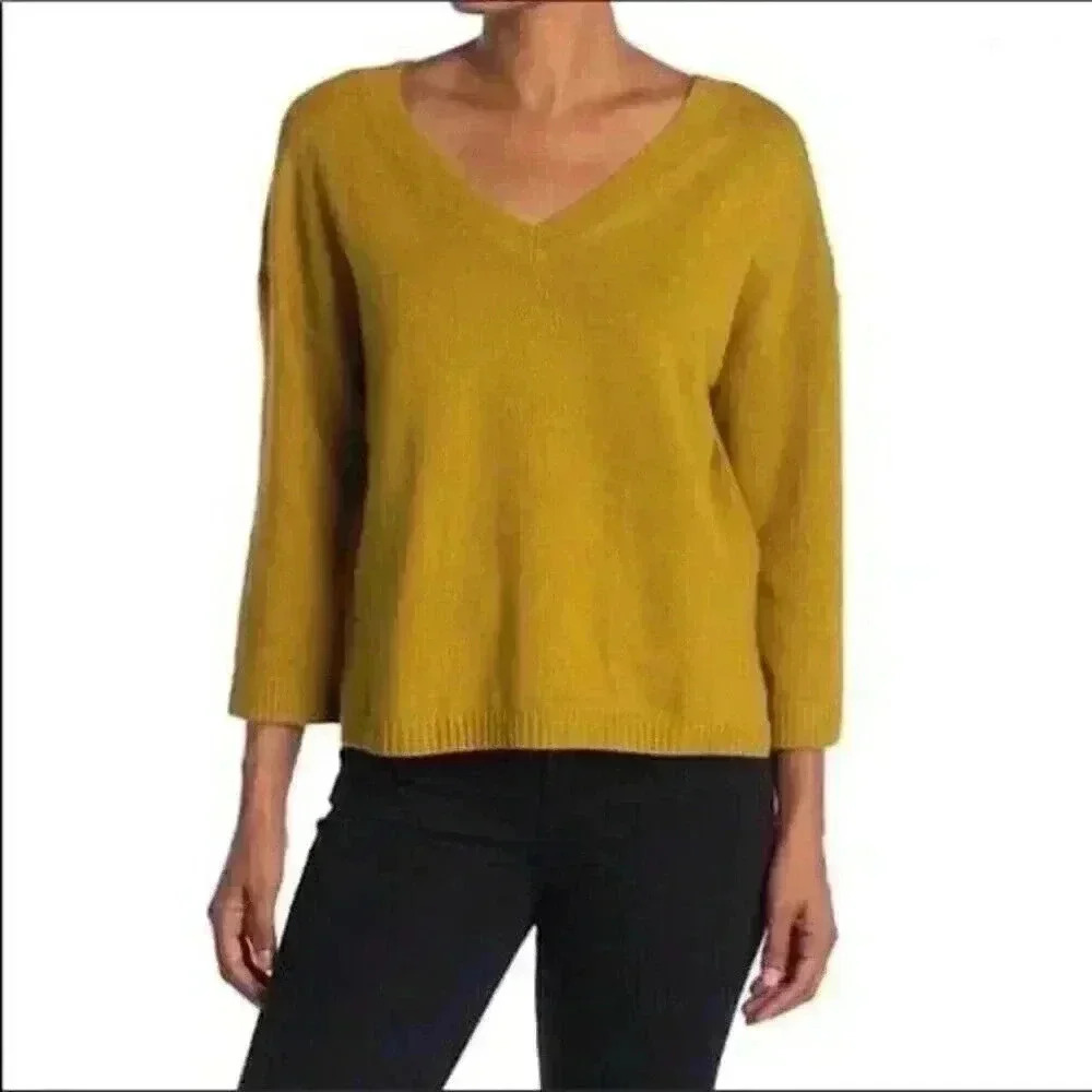 Madewell Double-V 3/4 Sleeve Egyptian Gold Sweater lightweight Size S